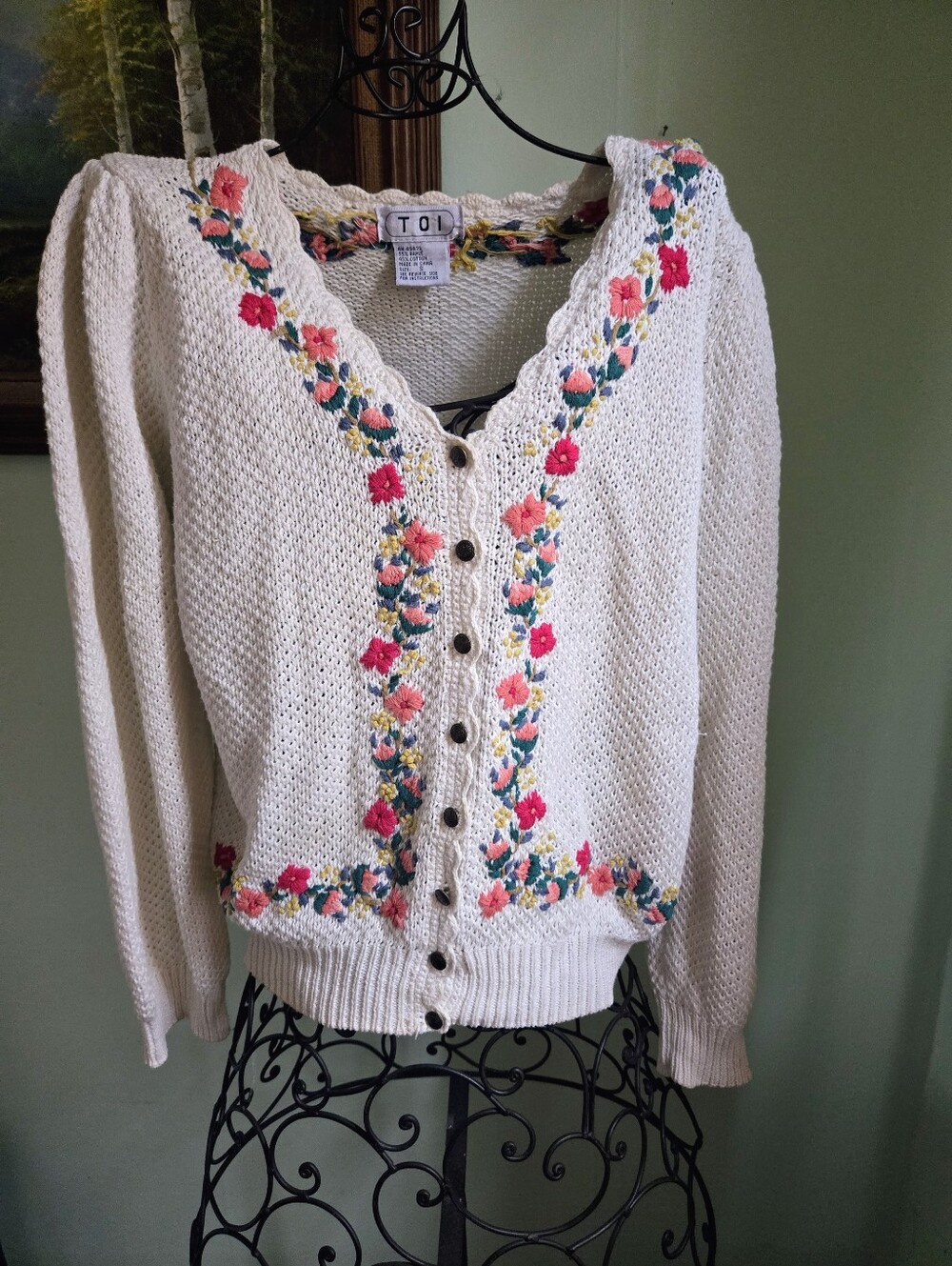 TOI Floral Cardigan Cottagecore Embroidered Ivory S